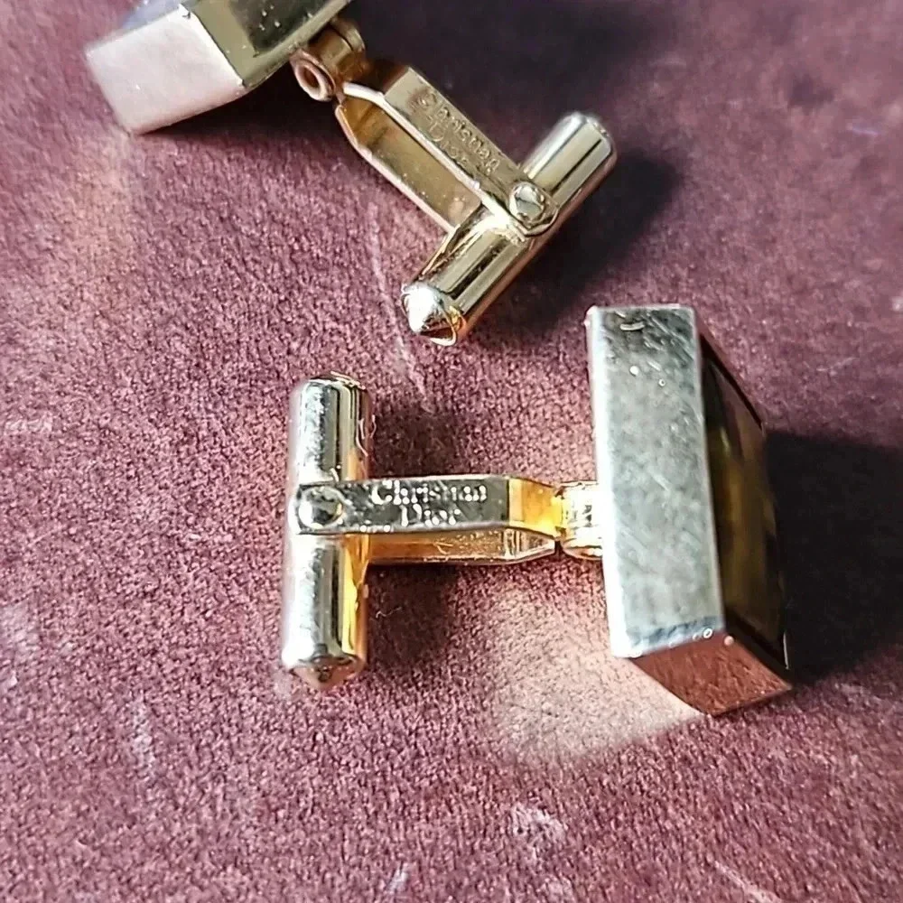 Christian Dior Square Tiger Eye Cufflinks Gold Vintage with matching Tie Pin